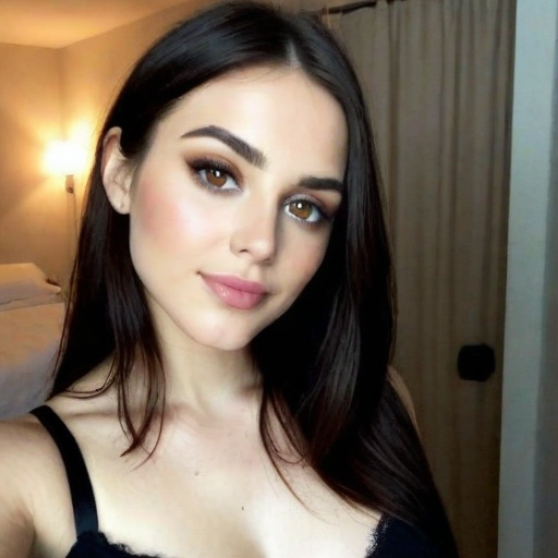 Photorealistic Beauty Portrait of a Woman with Smoky Eye Makeup and Soft Blush in a Warm-Lit Hotel Room Setting with Long Dark Hair