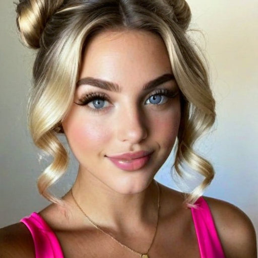 Photorealistic Portrait of a Woman with Elegant Blonde Updo and Glamorous Makeup, Pink Top, Bright Blue Eyes, Soft Smiling Expression in Professional Studio Lighting
