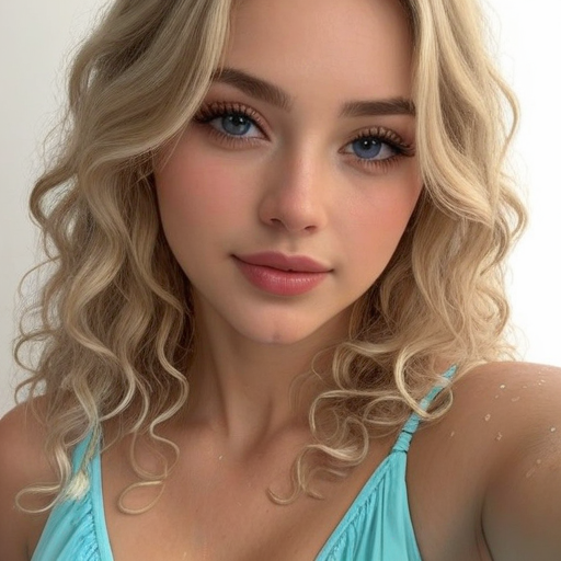 Serene close-up photorealistic portrait of a young woman with voluminous curly blonde hair, natural makeup, light blue top, studio lighting, ideal for beauty and fashion photography