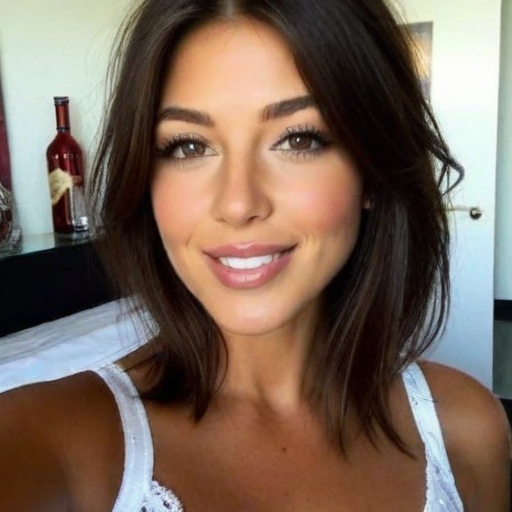 Stylish Beauty Portrait of a Woman with Natural Makeup, White Lace Top, and Warm Indoor Lighting for a Confident and Elegant Look