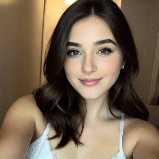 Photorealistic Portrait of a Woman with Long Wavy Brown Hair, Natural Makeup, and Soft Lighting in a Modern Indoor Setting for Beauty and Fashion Content
