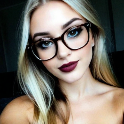 Photorealistic close-up portrait of a young woman with long blonde hair, dark tortoiseshell glasses, bold deep red lipstick, and flawless makeup in a modern setting