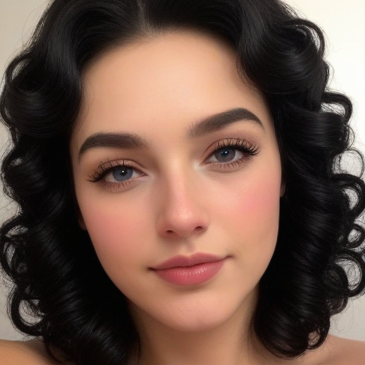 Photorealistic Portrait of a Woman with Voluminous Curly Black Hair, Soft Blush and Pink Lipstick Makeup, Classic Hollywood-Inspired Glamour, Close-Up Shot