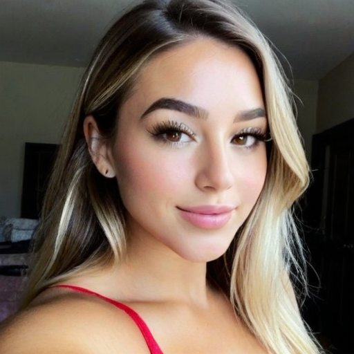 Portrait of a Confident Woman with Long Blonde Hair, Natural Makeup, Red Top, Soft Lighting, Modern Indoor Setting, Captured in a Photorealistic Style
