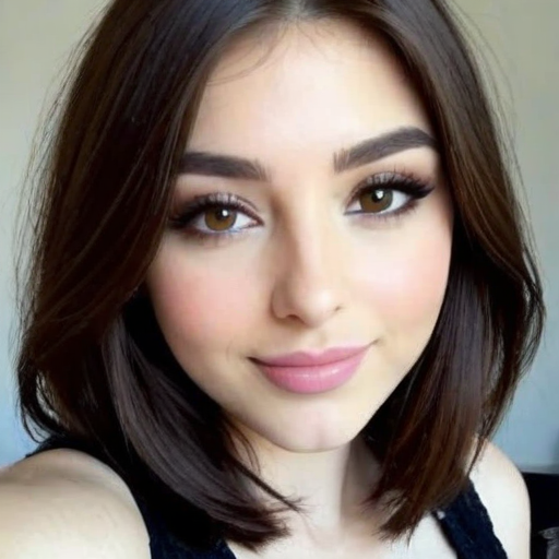 Portrait of a Woman with Long Dark Brown Hair, Full Makeup, Soft Natural Lighting, Warm-Toned Skin, and Pale Pink Lips for Beauty and Fashion Enthusiasts