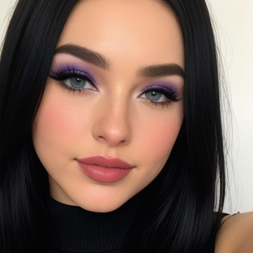 Stunning Photorealistic Portrait of a Woman with Vibrant Purple Eyeshadow, Soft Pink Blush, and Matte Lipstick Makeup for Glamorous Beauty Look
