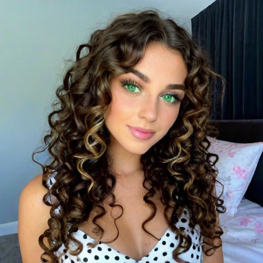 Stunning Photorealistic Portrait of a Woman with Voluminous Curly Hair, Green Eyeshadow, and Polka Dot Dress in Soft-Lit Bedroom Setting