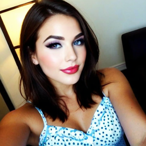 Stylish Portrait of a Woman in Blue Polka Dot Dress with Bold Red Lipstick and Smoky Eye Makeup in Warm Indoor Lighting