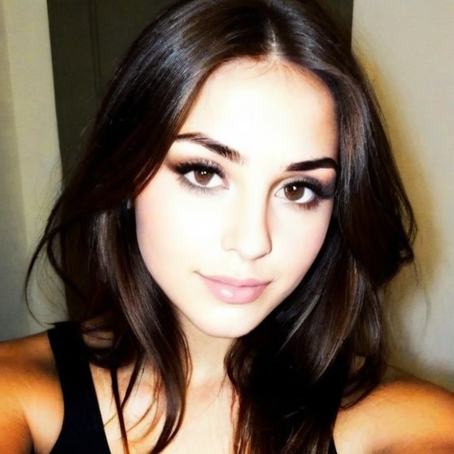 High-resolution photorealistic portrait of a woman with long wavy brown hair, bold eyeliner, and soft makeup in warm indoor lighting, capturing elegant beauty