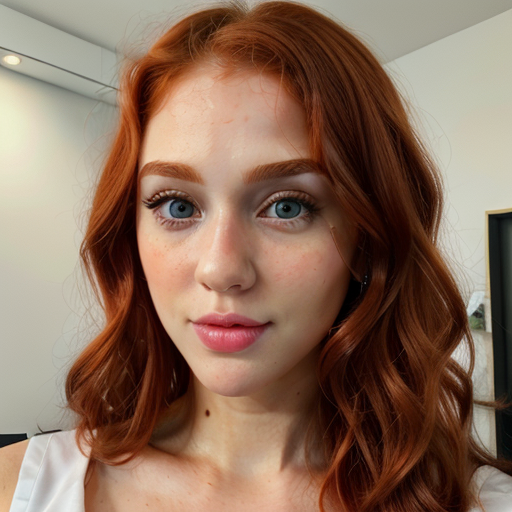 Photorealistic Portrait of a Woman with Vibrant Red Hair, Soft Natural Makeup, and Warm Indoor Lighting Capturing Calm and Confident Mood