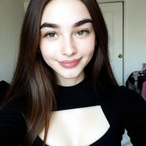 Young woman with long straight brown hair wearing a black cutout top, soft natural makeup, smiling in a casual indoor setting with soft lighting and a neutral background
