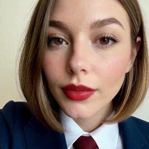 Close-up portrait of a confident professional woman with bold red lips, wearing a navy blue suit and white shirt, styled with sleek bob hair and elegant makeup, captured in a photorealistic business attire setting