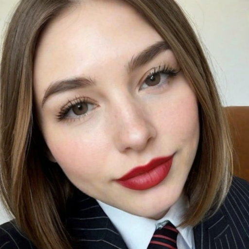 Close-Up Portrait of Woman in Pinstripe Suit with Red Lipstick, Corporate Attire, Professional Makeup