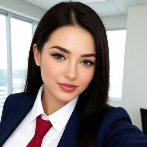 Professional business portrait of a confident woman in navy suit and red tie, indoor office setting with natural light and modern architecture, polished makeup and professional appearance