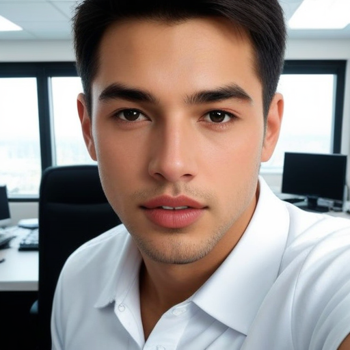 Professional photorealistic portrait of a young man in a white dress shirt working in a bright modern office with large windows and computer setup, conveying business confidence