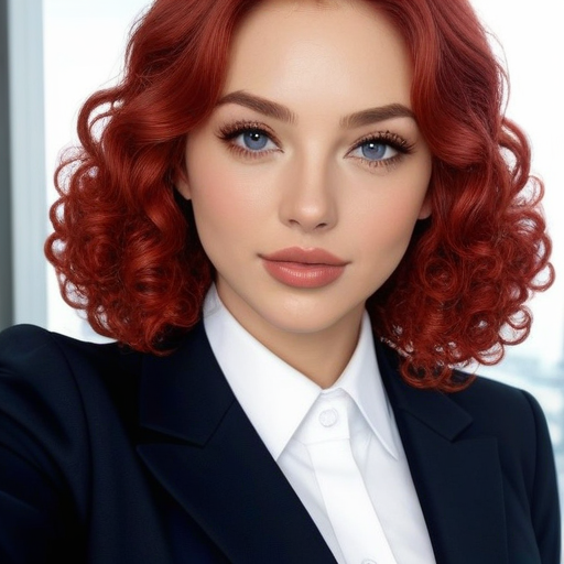Professional Portrait of a Confident Businesswoman with Vibrant Red Curly Hair in a Modern Office Setting, Captured in High-Resolution Photograph Style