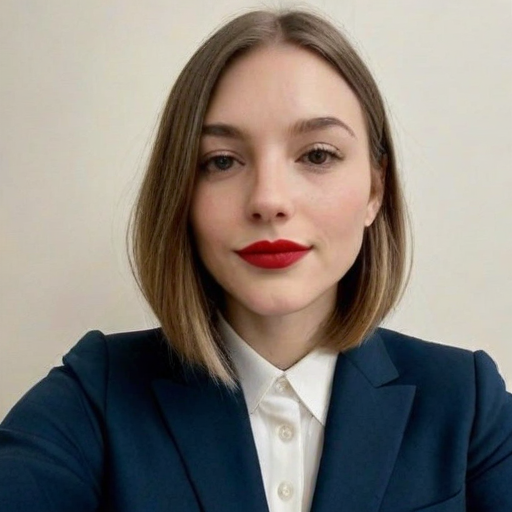 Professional portrait of a woman in navy blue suit with white shirt and bold red lipstick, photorealistic close-up portrait showcasing formal business attire and confident expression against neutral background