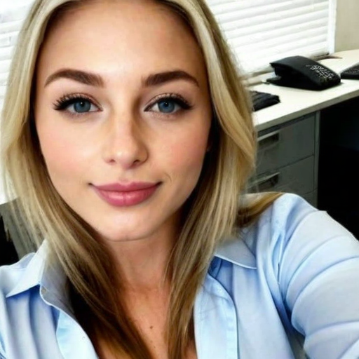 Photorealistic Portrait of a Confident Businesswoman in Office Setting with Light Blue Shirt, Natural Lighting, Professional Appearance,淡妆and Warm Smile