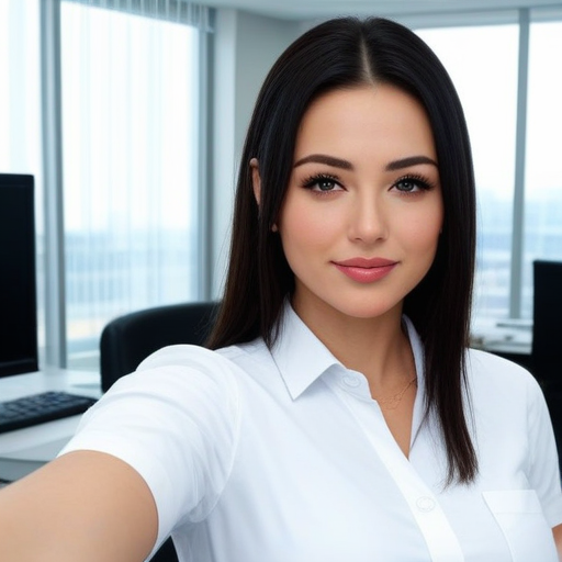 Professional businesswoman in white shirt taking selfie in modern office with large windows and city view, photorealistic portrait, confident mood, clean composition