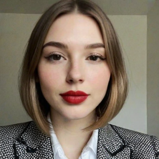 Professional portrait of a woman in a black and white patterned blazer with bold red lipstick and elegant makeup against a neutral background