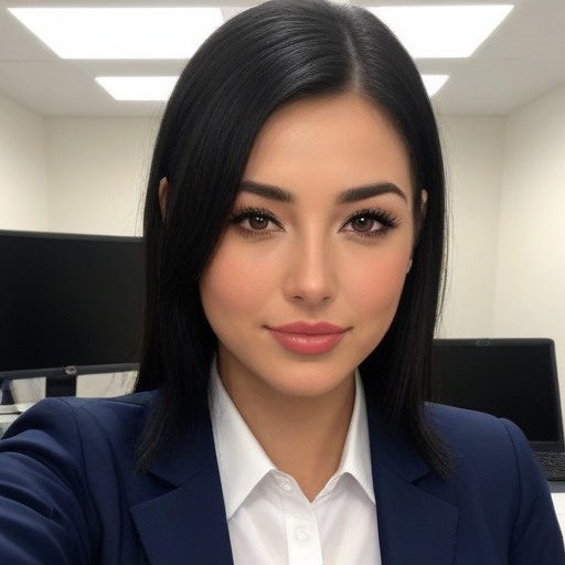 Professional portrait of a woman in navy blue blazer and white shirt, office background, polished makeup, confident mood, modern business photography