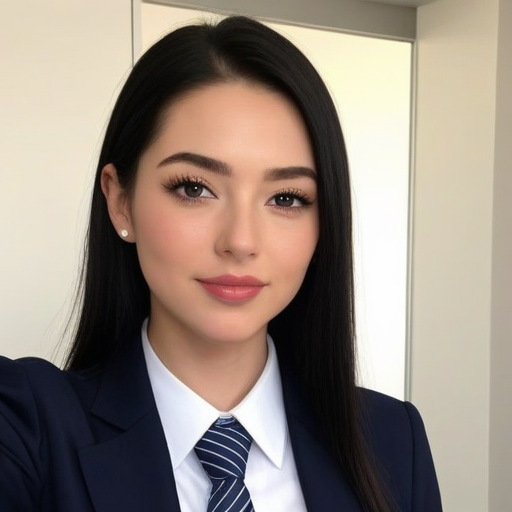 Professional portrait of a woman in navy blue business suit with white shirt and striped tie, featuring polished makeup and confident expression in modern office setting