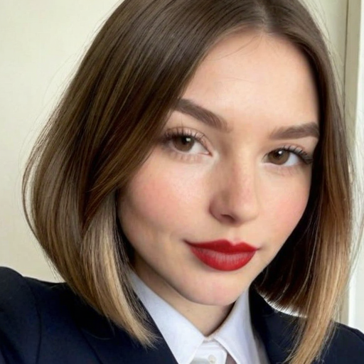 Professional woman portrait with sleek brown bob haircut, bold red lipstick, navy blazer, and white collared shirt for confident business style