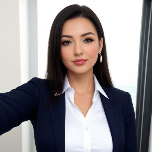 Confident business portrait of a professional woman in navy blazer and white shirt, indoor office setting with natural light, modern corporate style