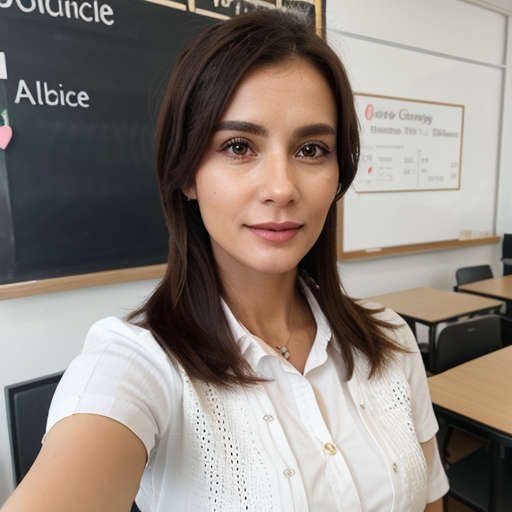 Professional Business Portrait of a Woman in Classroom Setting Wearing White Blouse, Natural Light, Calm Mood