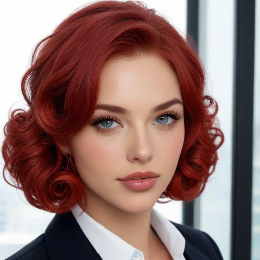 Professional Business Portrait of a Woman with Vibrant Red Curly Hair, Soft Lighting, and Modern Office Setting for Corporate Professional Image