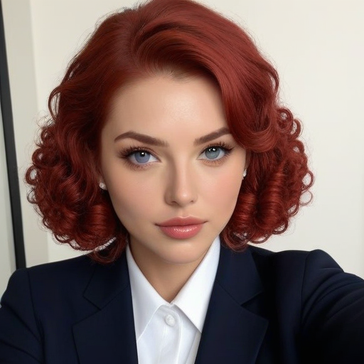 Professional red-haired woman in dark business suit for formal corporate portrait photography with polished makeup and studio lighting