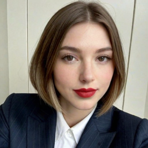 Professional woman in dark pinstripe suit with white shirt and red lipstick, short brown bob hairstyle, business portrait photograph