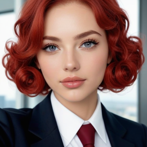 Confident businesswoman portrait with vibrant red curly hair in formal dark suit and red tie, corporate office background, photorealistic style, professional attire for business settings