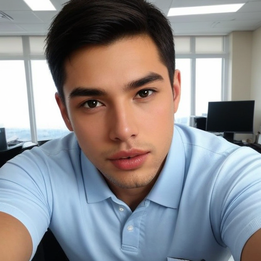 Professional Business Portrait of a Man Wearing Light Blue Polo Shirt in a Bright Office with Natural Light and City View
