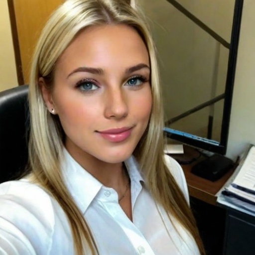 Confident Businesswoman Taking Selfie in Modern Office Setting with Natural Light, Wearing White Button-Down Shirt and Displaying Professional Workspace with Computer and Documents