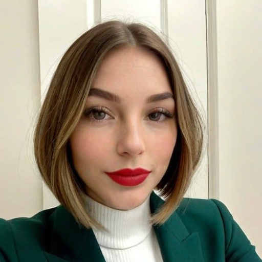 Professional portrait of a woman with short brown bob haircut wearing emerald green blazer and white turtleneck sweater, bold red lipstick, standing against white paneled background, elegant and confident business style photography