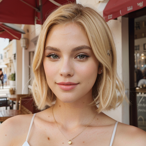 Outdoor Cafe Portrait of a Radiant Blonde Woman in White Spaghetti Strap Top with Natural Light and Summer Beauty Makeup