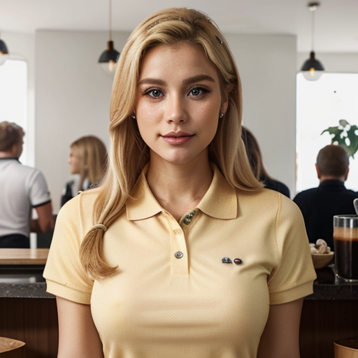 Photorealistic Portrait of a Confident Woman in a Modern Café Wearing a Light Yellow Polo Shirt, Neutral Background with Natural Lighting and Professional Composition