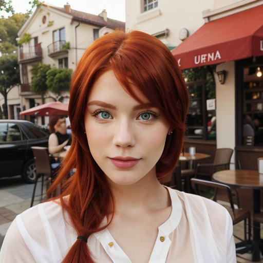 Photorealistic Portrait of a Red-Haired Woman Standing in a Sunlit Urban Café with Outdoor Tables, Natural Light, and Building Background