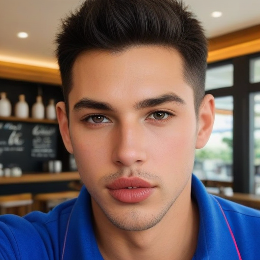 Photorealistic Portrait of a Young Man in a Modern Café with Blue Clothing and Natural Lighting for Lifestyle and Fashion Photography