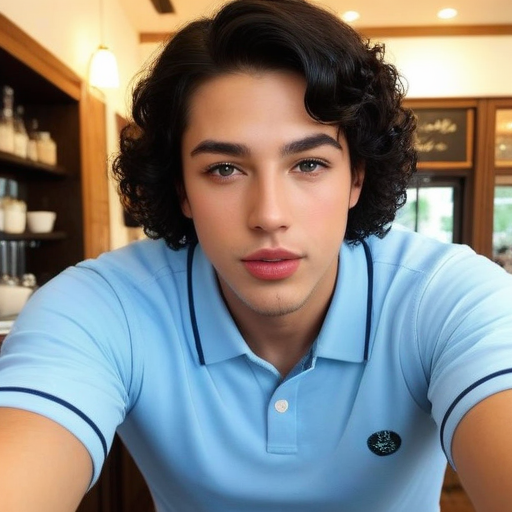 Stylish Light Blue Polo Shirt Male Portrait in Bright Café Setting with Natural Lighting and Modern Interior Design