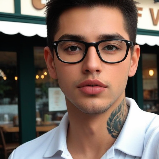 Photorealistic portrait of a young man with black glasses and neck tattoo standing outside a casual café, white collared shirt, natural lighting, urban street photography