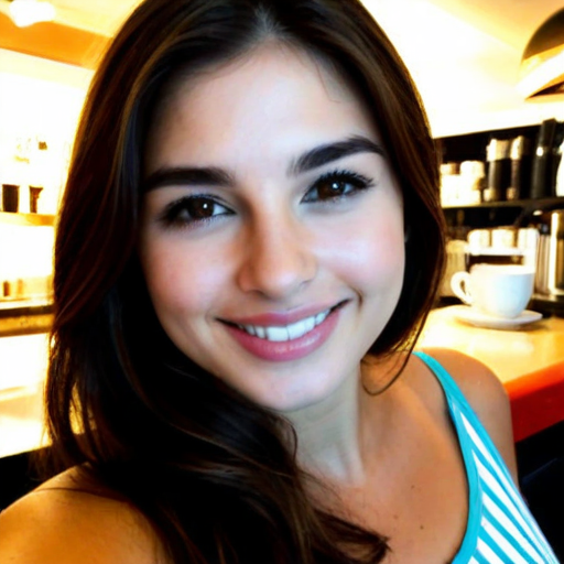 Close-up portrait of a smiling young woman with long brown hair wearing a blue and white striped top in a cozy café with natural light, perfect for beauty and lifestyle photography