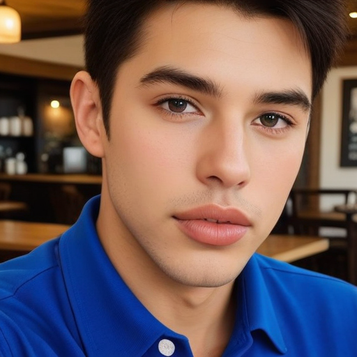 Semi-realistic portrait of young man in blue polo shirt at cozy café with natural lighting and stylish close-up composition