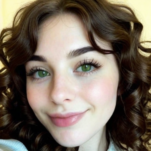 Close-up portrait of a young woman with curly brown hair, green eyes, natural light makeup, soft smile, and warm complexion in casual beauty photography