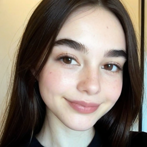 Close-Up Portrait of a Young Woman with Long Brown Hair and Natural Makeup in Soft Natural Light, Indoor Setting with Plain Background, Casual Beauty Photography