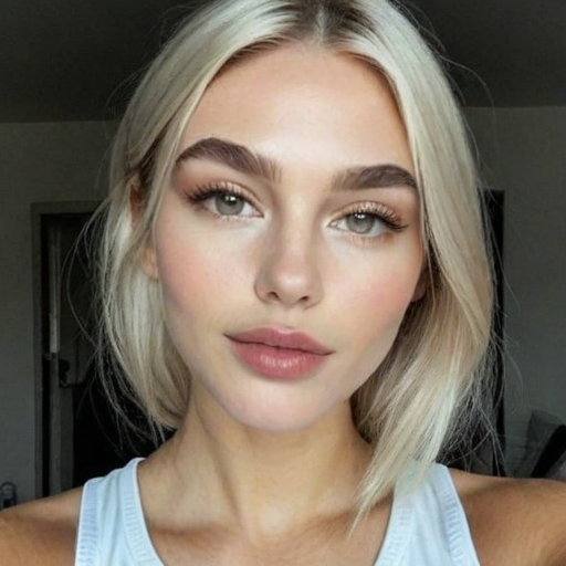 Photorealistic Portrait of a Woman with Platinum Blonde Hair in Natural Lighting, Soft Pastel Makeup and Light Blue Top, Serene Expressive Mood in Indoor Setting