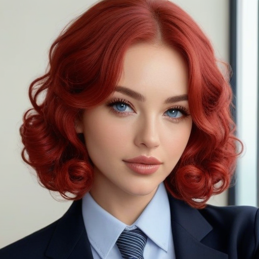 Confident and Stylish Professional Portrait of a Woman with Vibrant Red Curly Hair in Blue Blazer and Light Blue Shirt