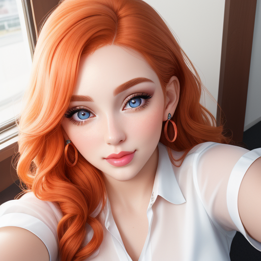 Stunning 3D Render Portrait of a Woman with Vivid Red Hair and Blue Eyes, Confident Selfie by the Window in Soft Lighting