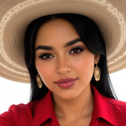 Beautiful woman in a red shirt and wide-brimmed beige hat showcasing gold earrings with confident expression in photorealistic portrait